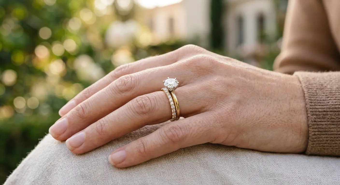 A woman's finger wearing a stacked diamond engagement ring and a matching wedding band.