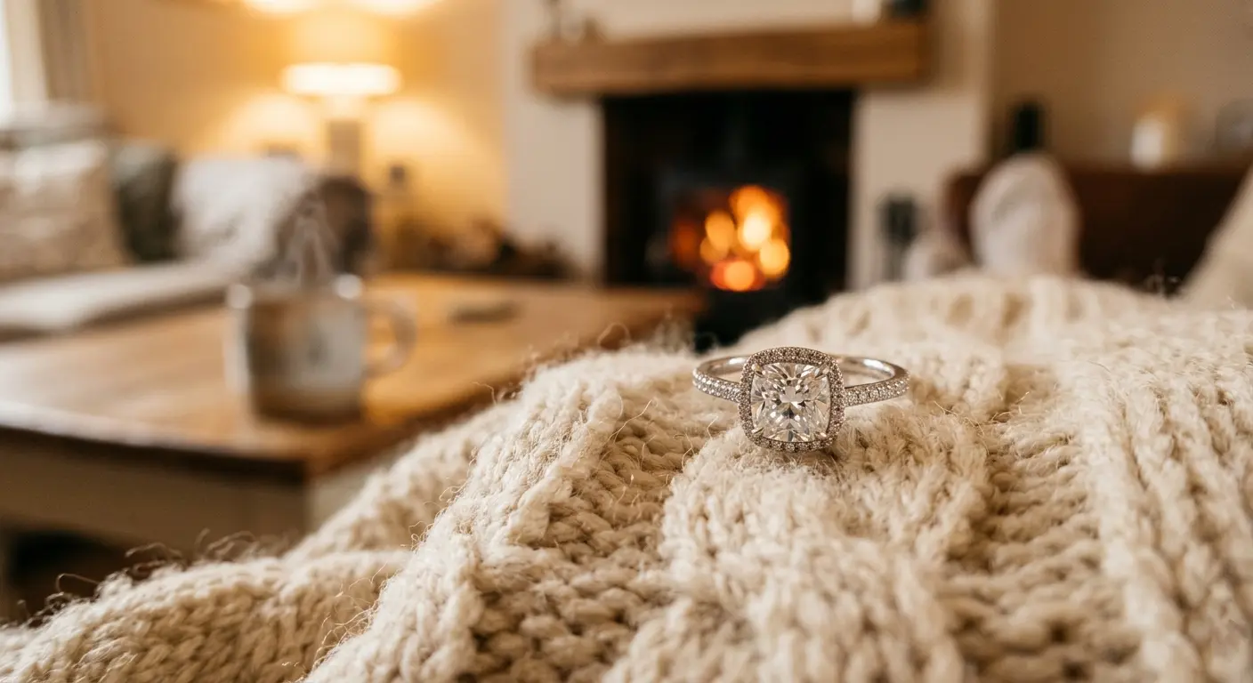 A cozy cushion cut diamond ring with a halo setting on a soft background.
