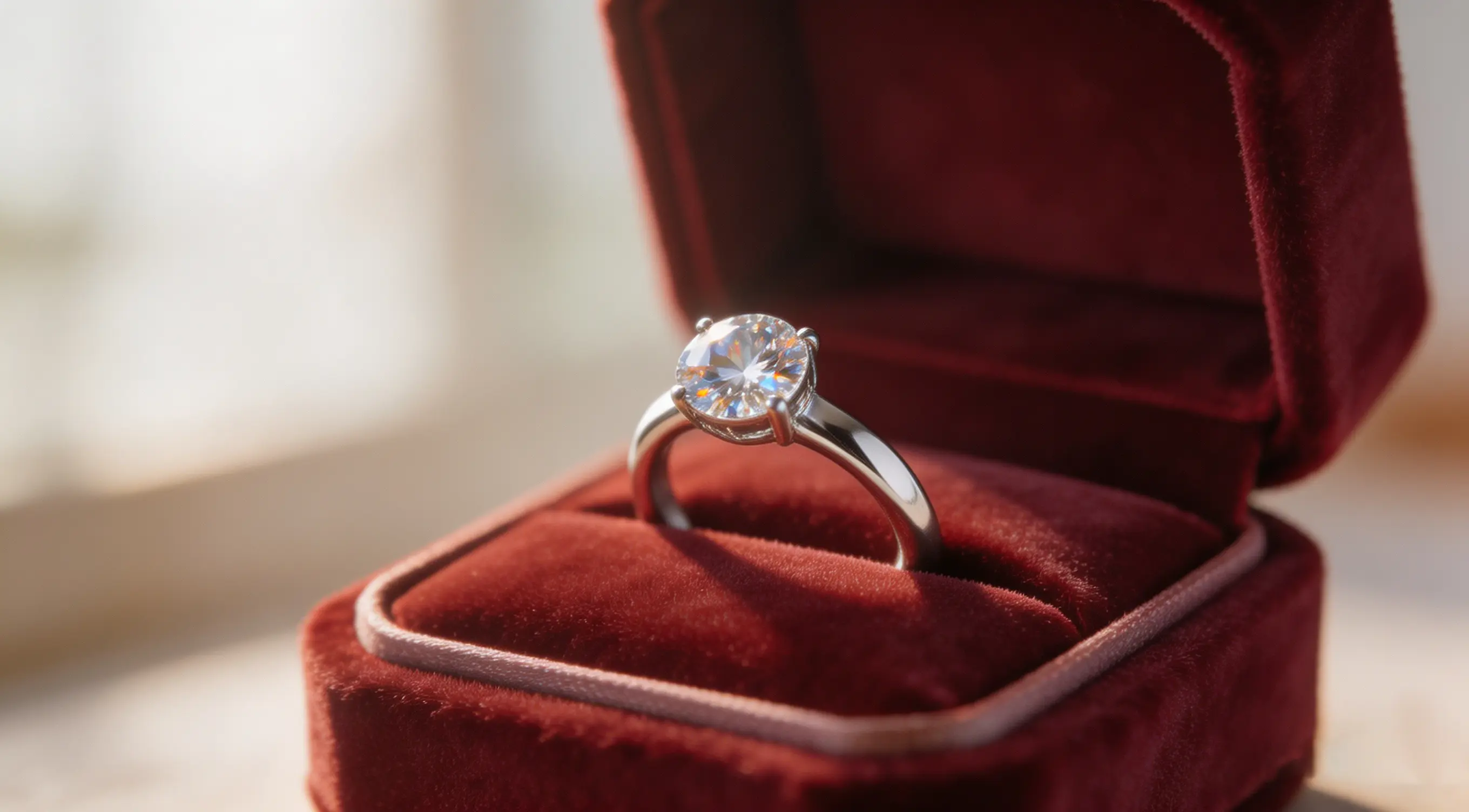 A luxurious close-up photo of an engagement ring in a velvet box, illustrating the guide on how to choose the perfect one