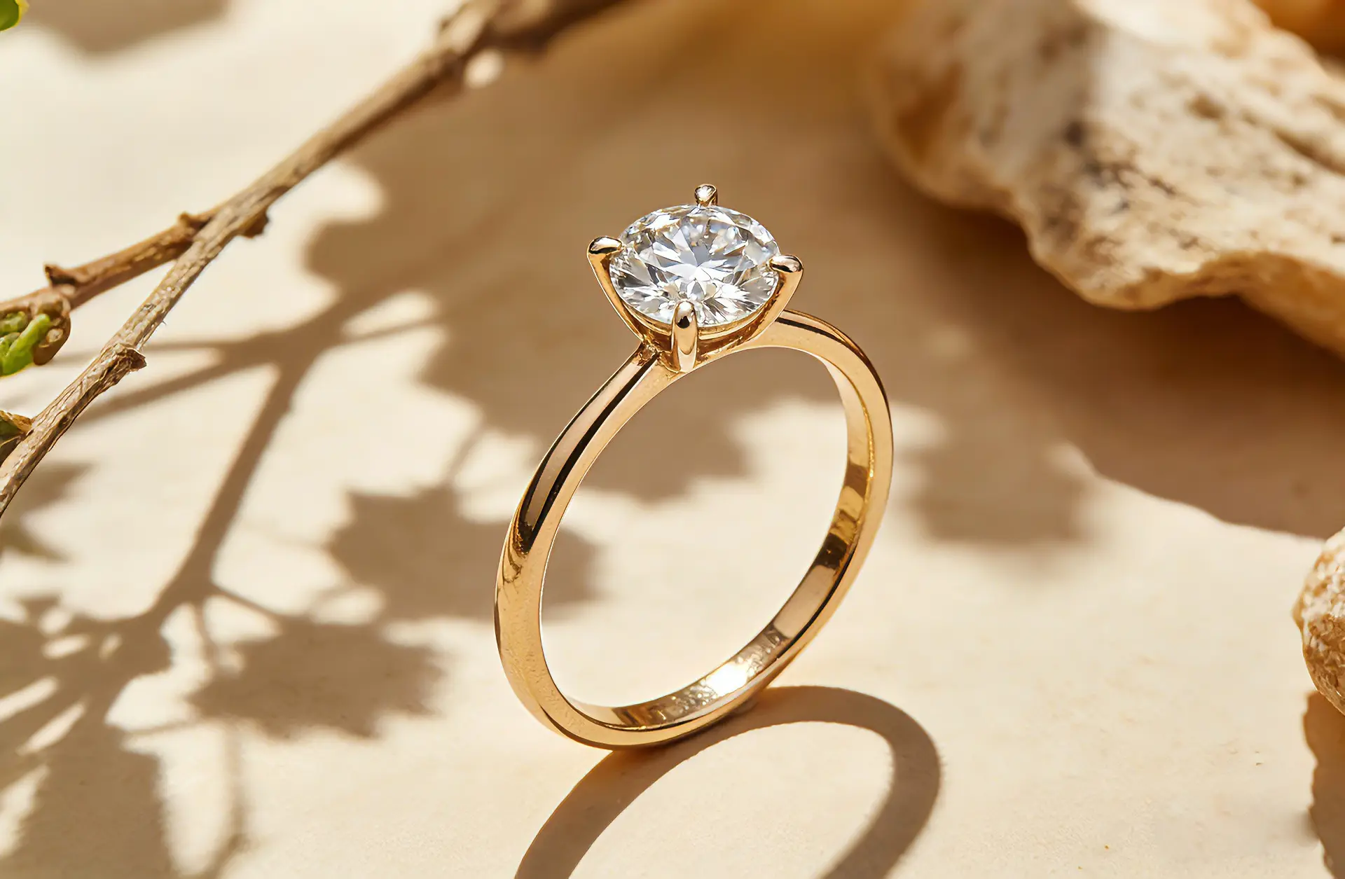 A minimalist 14K solid gold solitaire engagement ring featuring a brilliant round moissanite