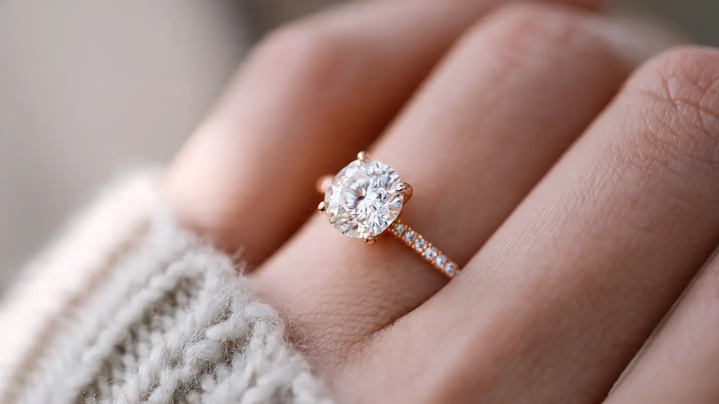 Side profile of a thin rose gold band engagement ring featuring a hidden halo.