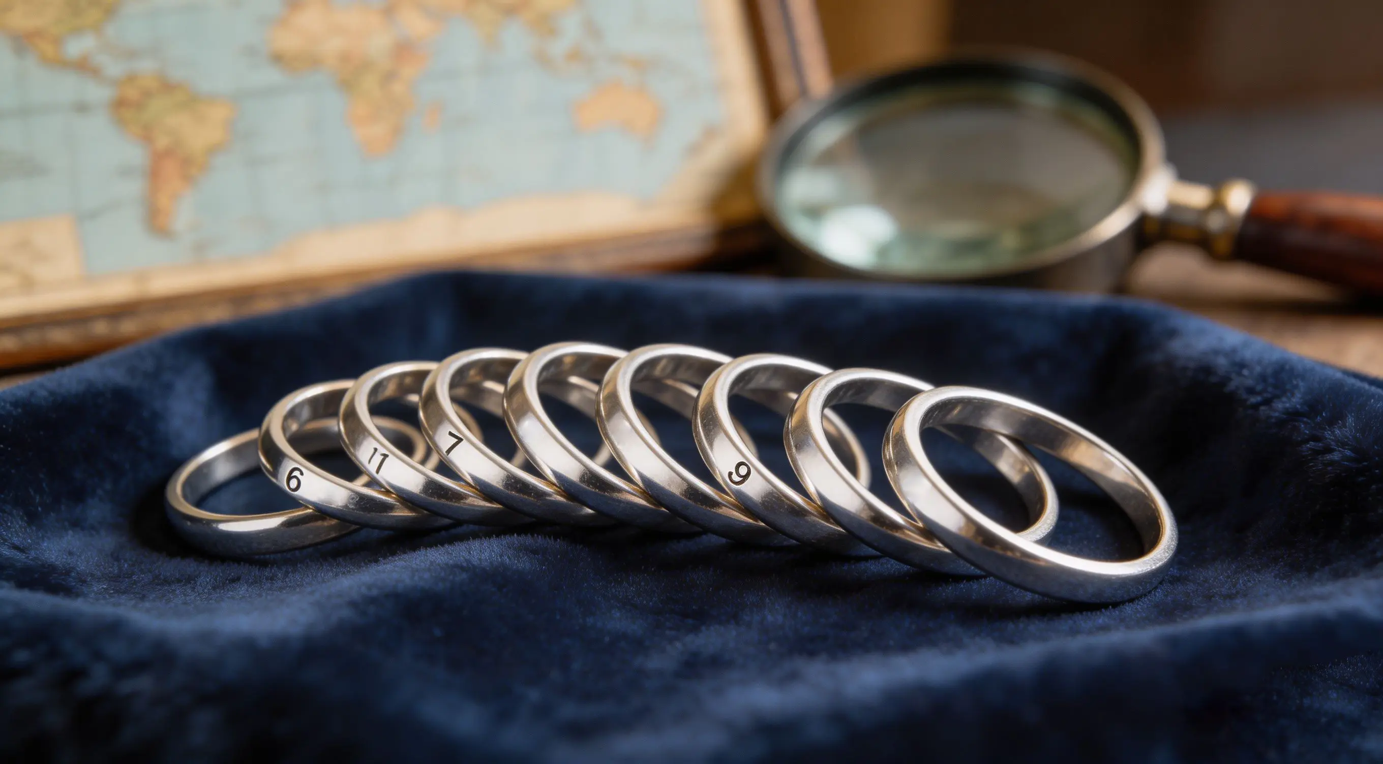 A set of metal ring sizers lies scattered across a velvet cloth, accompanied by an open passport or a world map—symbolizing international size conversion.