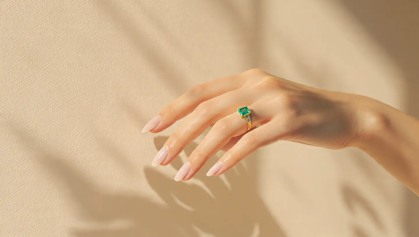  A sophisticated emerald cut engagement ring on long slender fingers.