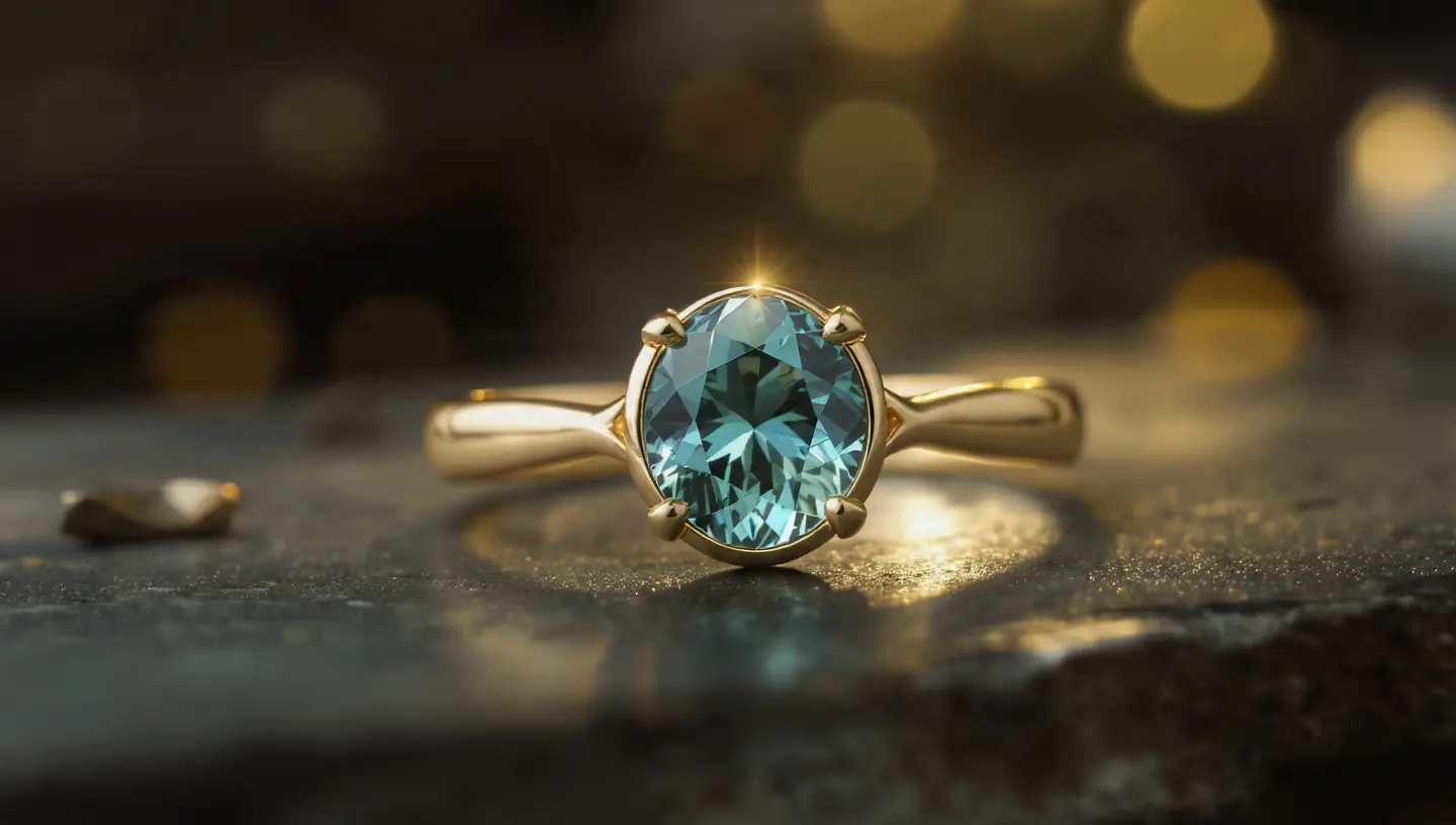 Macro view of a durable teal sapphire in a protective bezel setting, highlighting gemstone clarity and craftsmanship