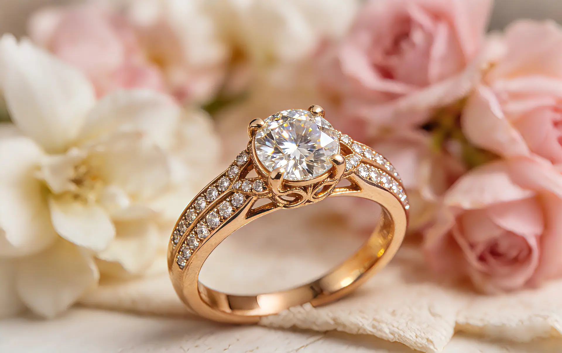 A classic gold engagement ring with a pavé diamond band and elegant cathedral setting