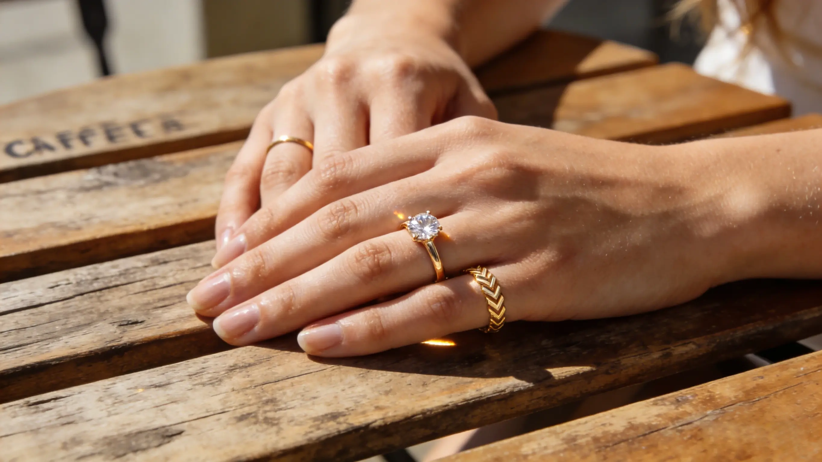 Professional woman wearing a beautiful, sparkling 14k solid gold moissanite engagement ring while relaxing at a sunny cafe