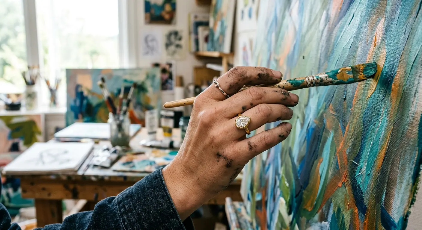 A unique and creative pear shaped diamond engagement ring on a hand.