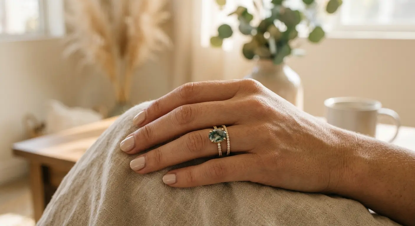  A stylish minimalist 14K gold wedding ring stack with a moss agate center stone