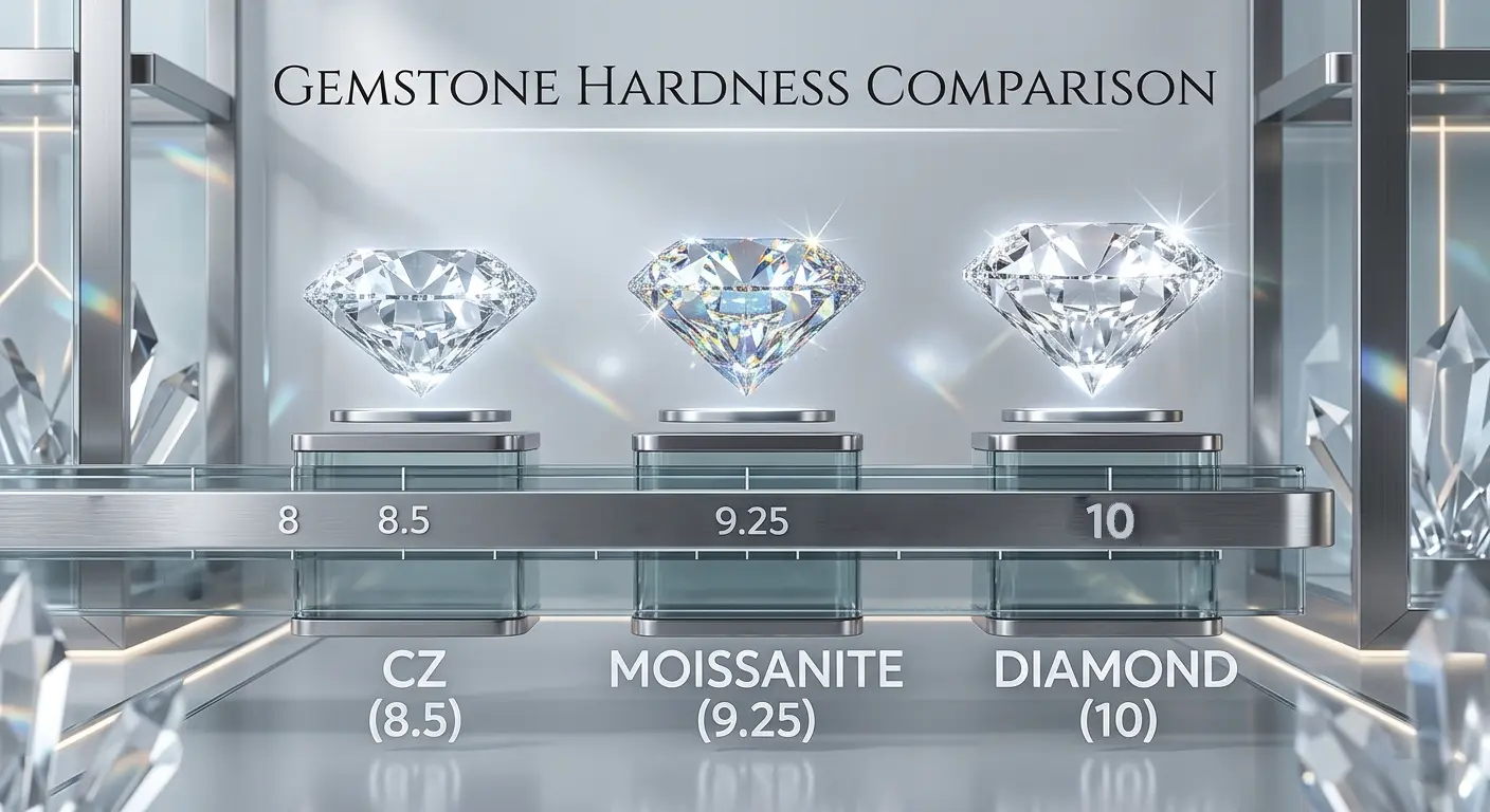  Mohs scale infographic comparing the hardness of Diamond, Moissanite, and Cubic Zirconia.