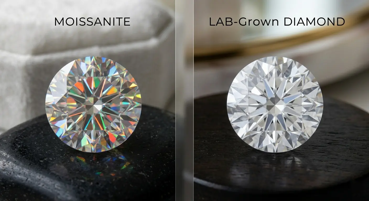  Visualizing the difference between moissanite rainbow fire and lab diamond white brilliance.