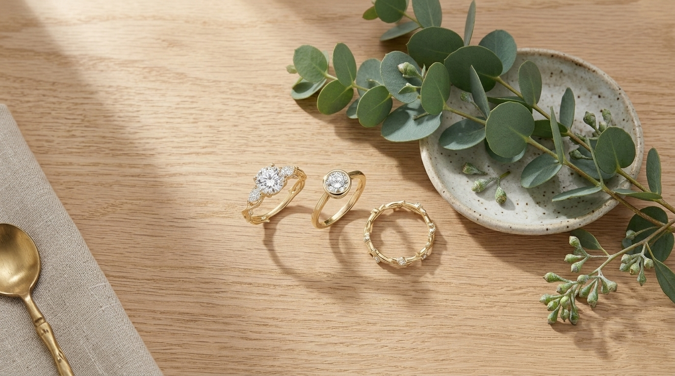 Different styles of thin band minimalist engagement rings including bezel and prong settings