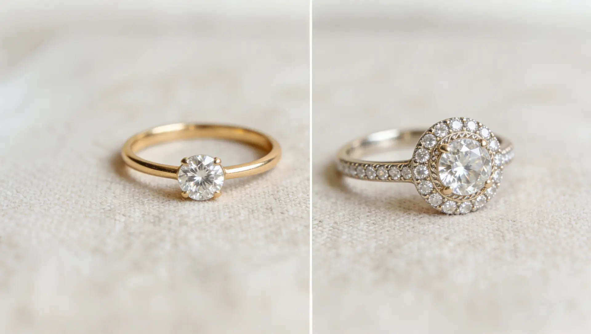  A side-by-side comparison of a simple solitaire engagement ring and a classic pavé diamond ring in 14K gold.