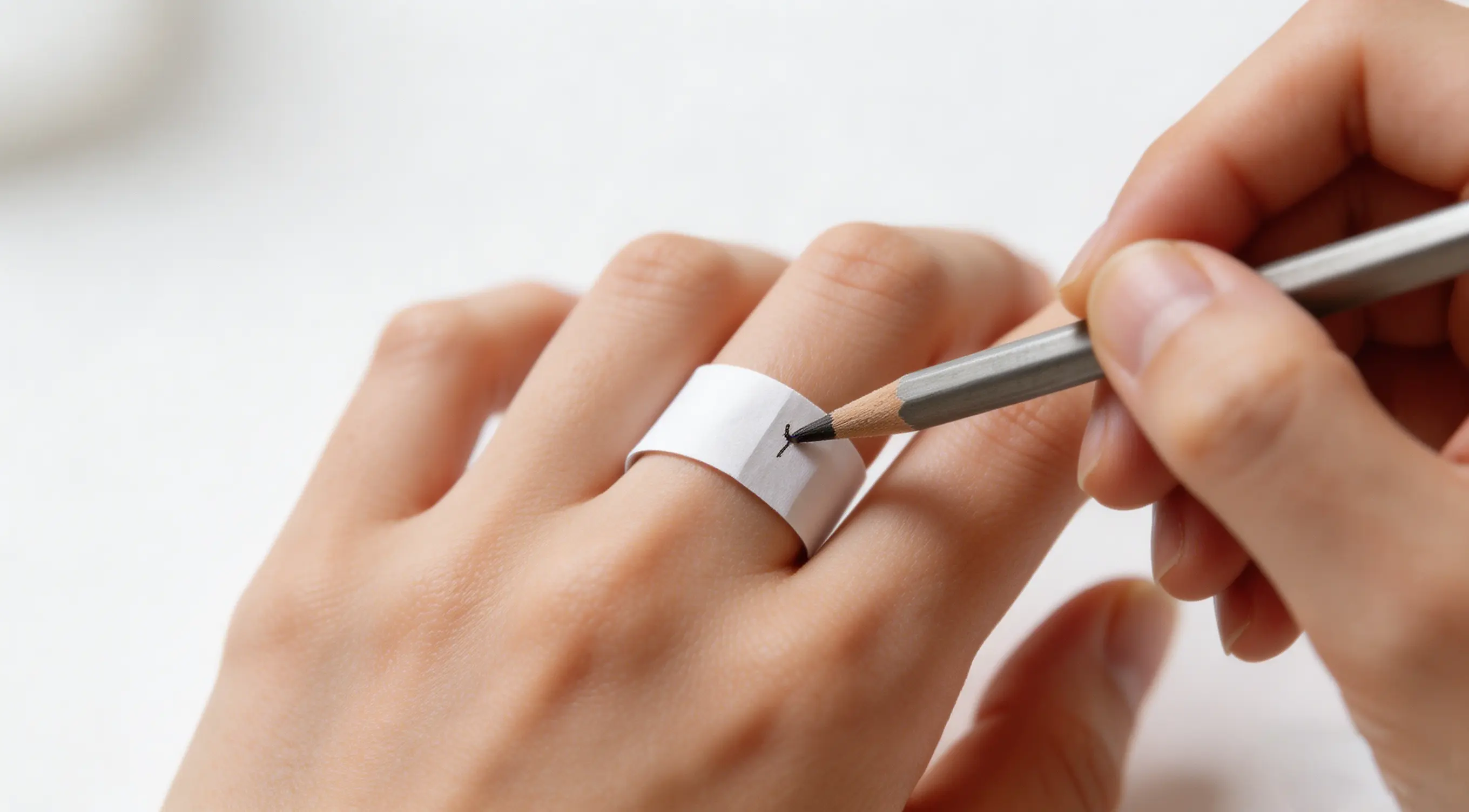 A clear close-up shot of the hands, demonstrating how to wrap a white paper strip around the base of a finger and mark the overlapping point with a marker—conveying a strong sense of instructional clarity.