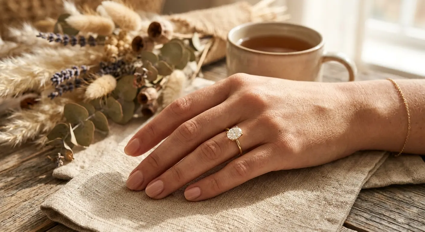 An oval cut gold ring on a petite hand to create an elongating effect.