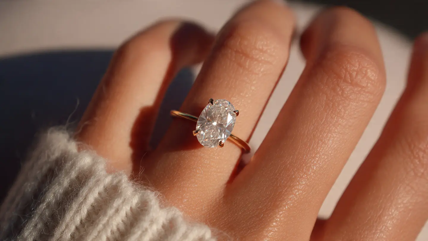  Elongated oval solitaire engagement ring on a thin 14k gold band.