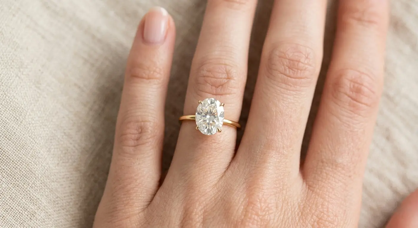Elegant oval cut solitaire engagement ring on small hands with a thin gold band.