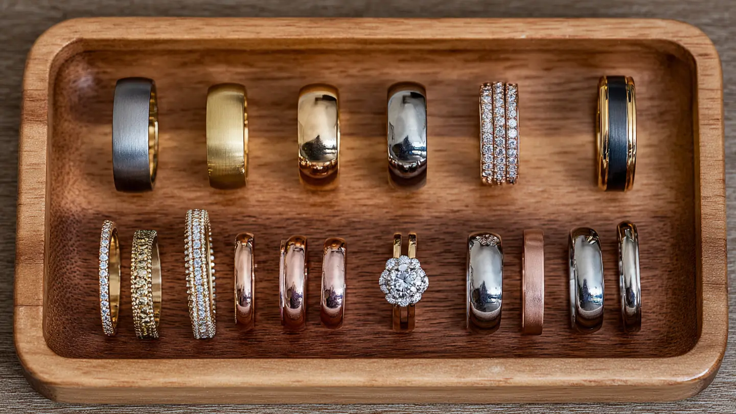  Various engagement and wedding rings in gold, rose gold, and platinum metals.