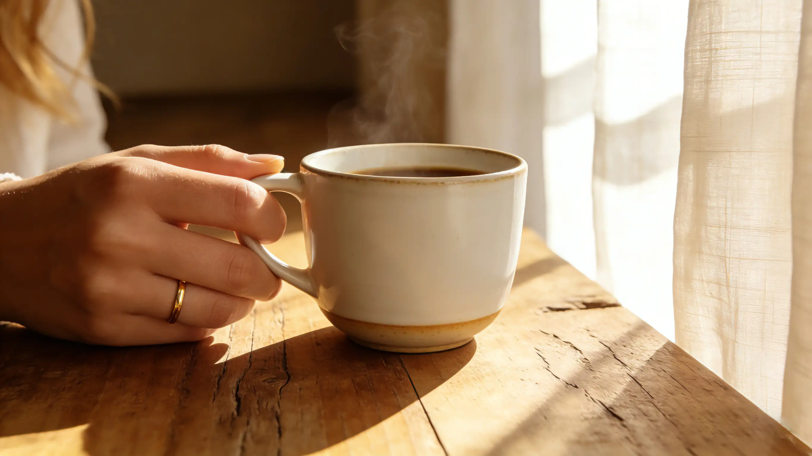  A woman wearing a simple gold engagement ring in a daily lifestyle setting